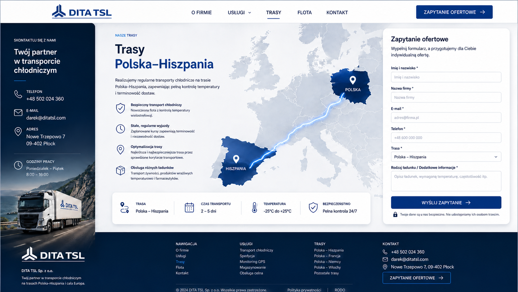 Wizualizacja tras transportowych DITA TSL z Polski do Hiszpanii i Portugalii